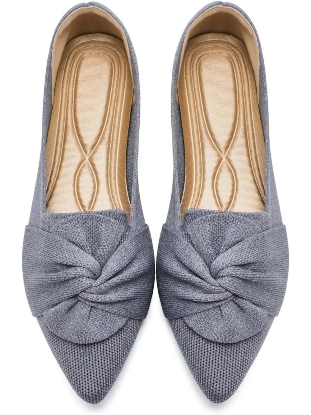 Women's Grey Pointed Toe Ballet Flats with Bow Comfortable Knit Dressy Shoes